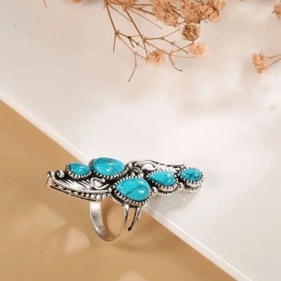Silver Turquoise Water Drop Leaf Boho Western Statement Ring - Picture 3 of 5